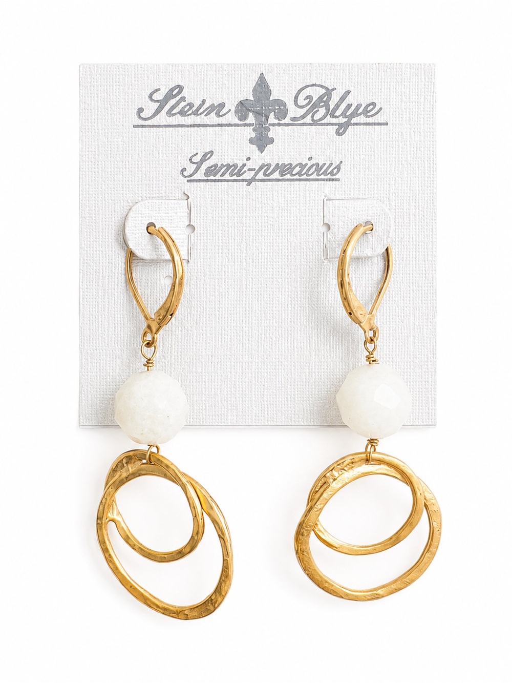 Boho Semi Precious Stone Dangle Earrings Hammered Gold Tone Geometric Chic